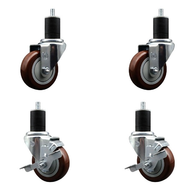 Service Caster 3.5'' Maroon Poly Wheel Swivel 1-3/4'' Expanding Stem Caster Set 2 Brakes, 4PK SCC-EX20S3514-PPUB-MRN-2-TLB-2-134 - main